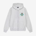 Grey zip-up hoodie with skull crest